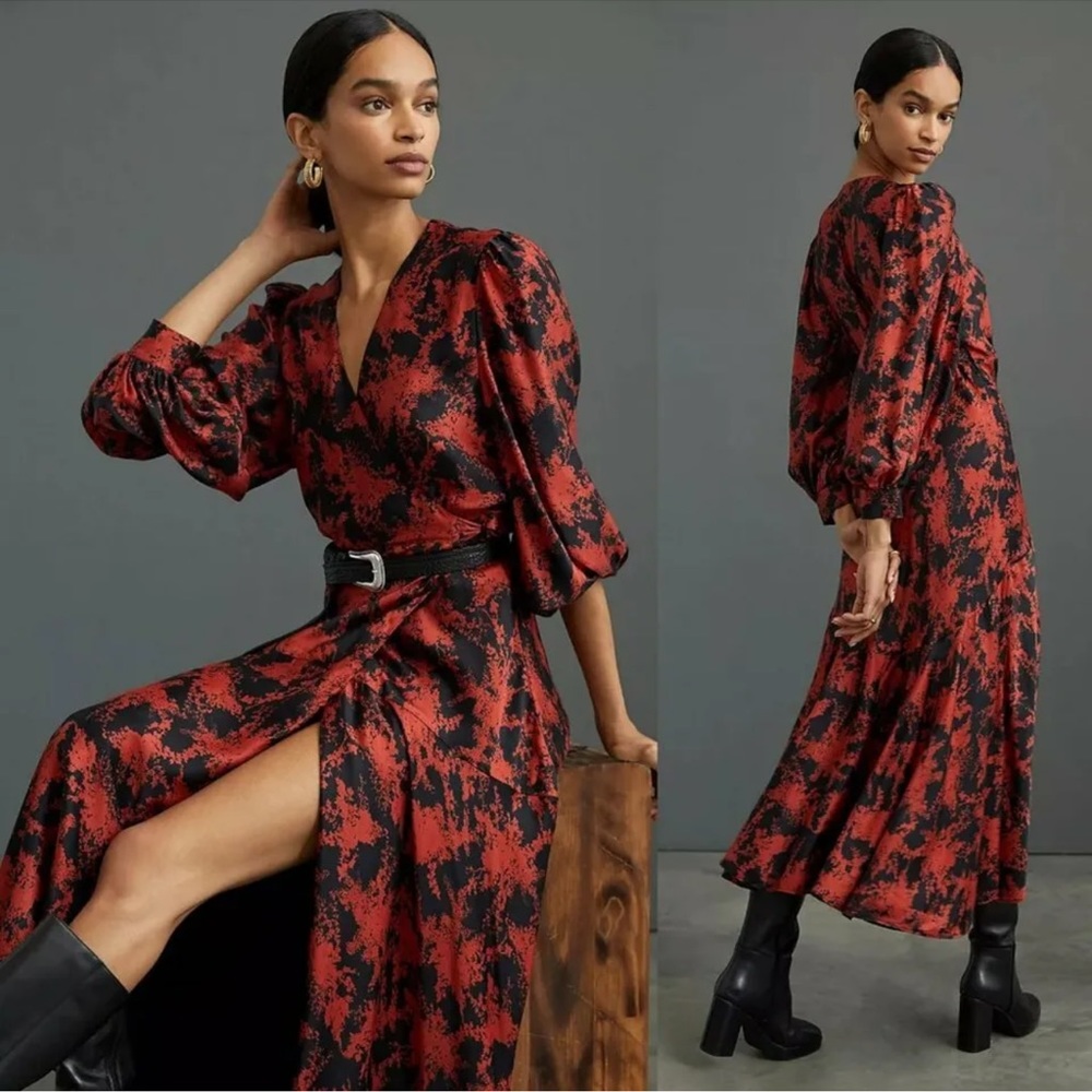 Anthropologie Red and Black Long Sleeve Wrap Maxi Dress
